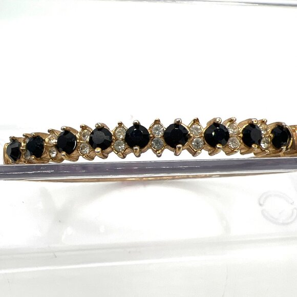 Vintage Hinged Bangle Bracelet Gold Tone Black & Clear Rhinestones - Picture 1 of 10
